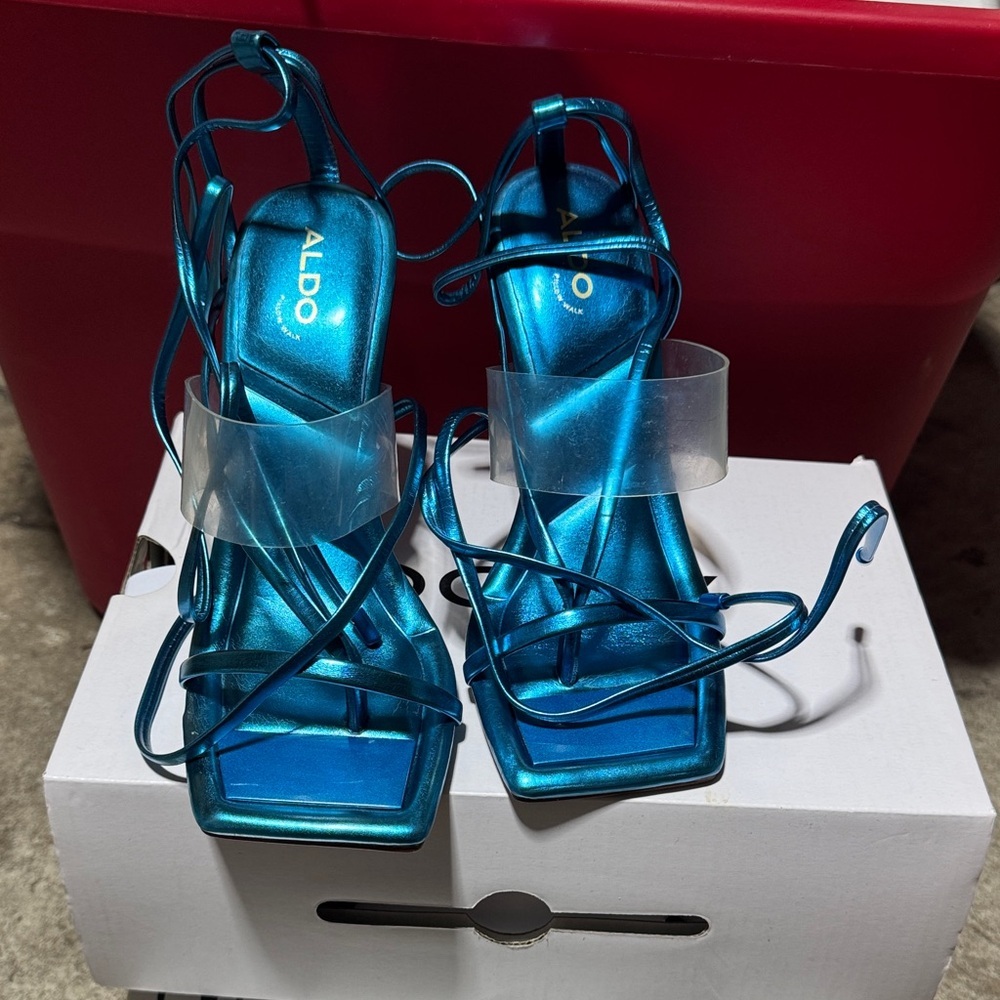 ALDO Metallic Teal Blue Strappy Square-Toe Heels